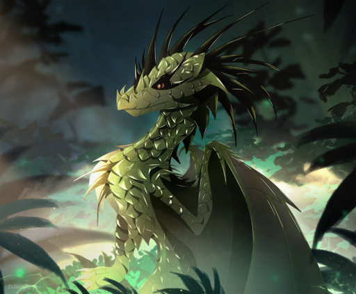 2019 ambiguous_gender brown_eyes detailed_background digital_media_(artwork) dragon feral green_body green_scales hi_res horn membrane_(anatomy) membranous_wings outside scales solo spines telleryspyro wings wyvern // 1780x1470 // 3.2MB