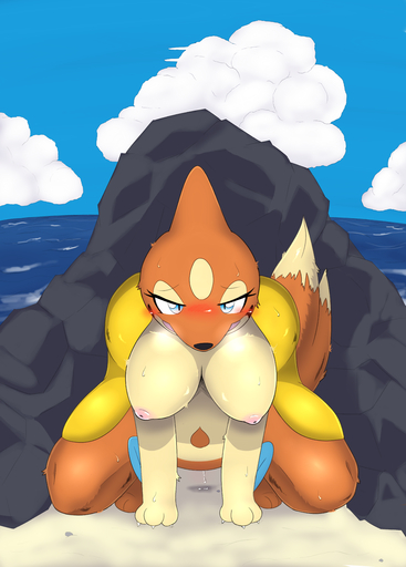 absurd_res anthro aroused big_breasts blue_eyes blush bodily_fluids breasts crouching female floatzel genital_fluids hi_res looking_at_viewer ne_i_ro nintendo pokemon pokemon_(species) pussy_juice rock sand sea smile solo steam sweat video_games water // 4488x6260 // 9.2MB