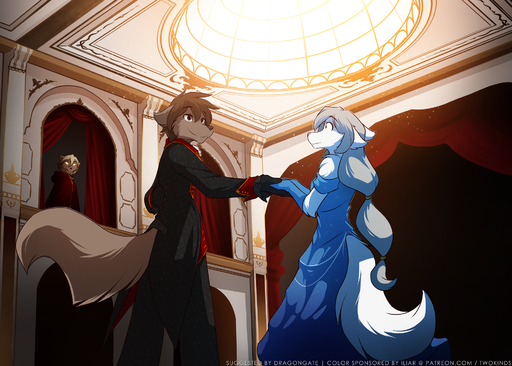 2017 ambiguous_gender anthro balcony ball_gown bare_shoulders brown_body brown_eyes brown_fur brown_hair canid canine canis classy clothed clothing clovis_(twokinds) coat conditional_dnp curtains dancing detailed_background digital_media_(artwork) dome dress duo_focus english_text fancy_clothing female fox fur furgonomics gloves glowing glowing_eyes grey_hair group hair hall hand_behind_back hand_holding handwear hi_res hybrid inside keidran long_dress male mammal ponytail raine_silverlock shoulder_tuft smile stalking tailcoat text tom_fischbach topwear tuft twokinds url webcomic webcomic_character white_body white_fur wolf zen_(twokinds) // 1920x1372 // 2.3MB