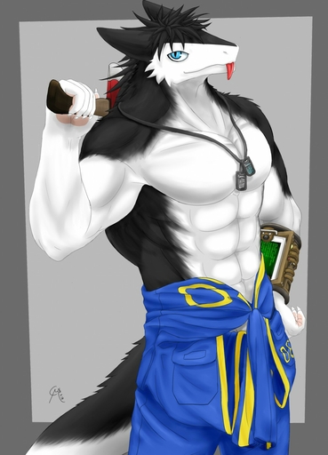 abs anthro athletic axe bethesda_softworks biceps big_muscles biped black_body black_fur black_hair blue_eyes bracelet carrymeow claws clothed clothing discordnight dog_tags fallout fur grey_background hair hi_res jewelry jumpsuit looking_at_viewer male mammal melee_weapon muscular muscular_anthro muscular_male necklace pawpads paws pecs pip-boy pose science_fiction sergal simple_background smile solo standing suit tongue tongue_out topless vault_suit video_games weapon white_body white_fur // 922x1280 // 157.1KB