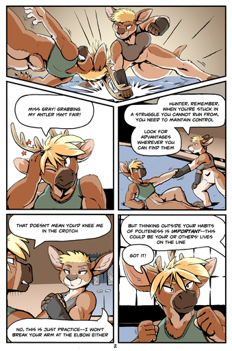 2016 adrian_gray anthro antlers blonde_hair bottomless breasts casual_exposure cervid clothed clothing comic dialogue digital_media_(artwork) dojo english_text featureless_crotch feet female fight fur hair hi_res hooves horn inside kangaroo macropod male mammal marsupial martial_arts muscular muscular_female open_mouth plantigrade pouch_(anatomy) rick_griffin shirt short_hair tan_body tan_fur tank_top text topwear // 875x1322 // 979.5KB