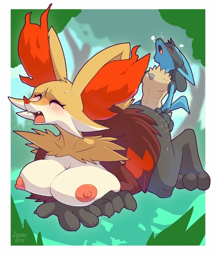 2022 absurd_res anthro areola big_breasts blush breasts canid canine canis delphox female fur hi_res inner_ear_fluff lucario male malefemale mammal nipples nude pink_areola pink_nipples pokemon_(species) sex snappygrey tuft video_games // 2444x2880 // 459.6KB