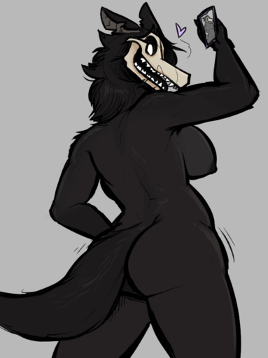 anthro black_body black_fur black_hair bone butt canid canine female fur hair keadonger looking_back malo mammal nipples phone rear_view scp-1471 scp-1471-a scp_foundation simple_background skull solo standing undead // 638x854 // 214.6KB