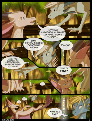 2013 blonde_hair blue_eyes claws comic day dragon english_text feral forest grass hair hi_res membrane_(anatomy) membranous_wings open_mouth outside plant scalie skaydie standing teeth text tongue tree western_dragon wings // 1100x1448 // 1.6MB