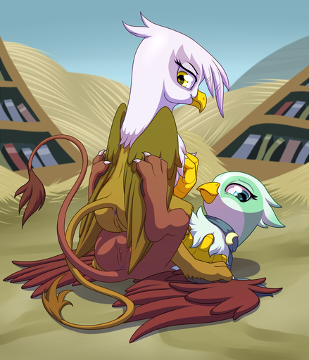 2015 3_toes absurd_res anus avian beak blue_eyes book bookshelf butt detailed_background duo eyebrows eyelashes feathered_wings feathers feet female femalefemale female_on_bottom female_on_top feral friendship_is_magic furniture genitals gilda_(mlp) greta_(mlp) gryphon hasbro hi_res looking_at_viewer looking_back lying my_little_pony mythological_avian mythology on_back on_bottom on_top outside paws pussy sitting smile stoic5 tail_tuft toes tuft wings yellow_eyes // 2203x2572 // 2.0MB