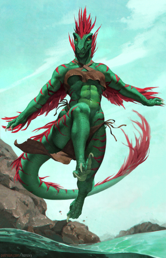 absurd_res anthro bottomwear breasts claws clothing crotch_apron detailed_background dinosaur dromaeosaurid feathered_dinosaur feathers feet female green_body green_scales hi_res honovy loincloth midair muscular muscular_anthro muscular_female navel non-mammal_breasts outside red_body red_feathers red_scales reptile running scales scalie solo stripes theropod thick_tail toes tribal under_boob uthalla velociraptor water yellow_sclera // 2584x4000 // 11.9MB