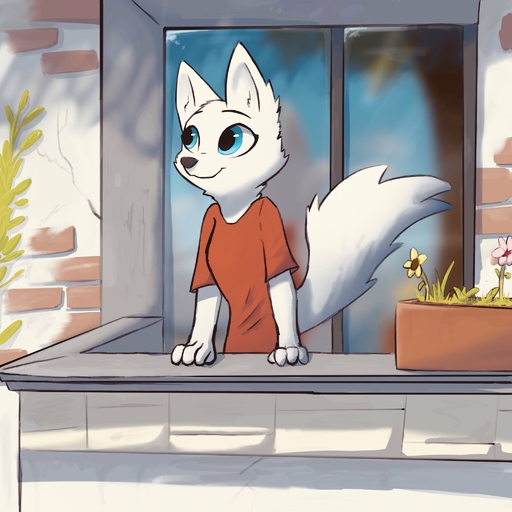 1:1 2019 anthro arctic_fox balcony black_nose blue_eyes canid canine cheek_tuft clothed clothing detailed_background disney enginetrap facial_tuft female fox fur glass head_tuft hi_res light lighting mammal neck_tuft outside plant potted_plant shirt skye_(zootopia) smile solo sunlight t-shirt topwear tuft vulpes white_body white_fur window zootopia // 2048x2048 // 310.4KB