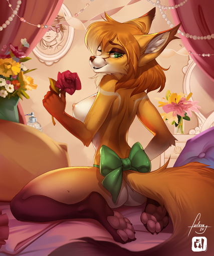2019 4_toes 5:6 anthro barefoot bed bedroom biped bow_(disambiguation) breasts brown_body brown_eyebrows brown_fur brown_hair brown_nose brown_tail butt canid canine claws collaboration digital_media_(artwork) dragonfu eyebrows feet female flower fox fur furlana furniture green_eyes hair hi_res holding_flower holding_object inner_ear_fluff kneeling long_hair long_tail looking_at_viewer looking_back mammal multicolored_body multicolored_fur nipples nude on_bed pawpads pillow pink_nipples pink_pawpads plant rear_view rose_(flower) side_boob sitting soles solo toes tuft wariza white_body white_fur // 1000x1200 // 727.1KB