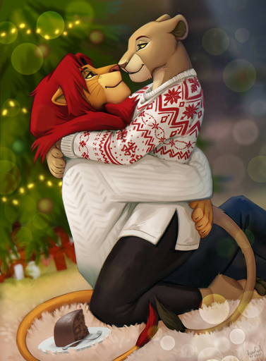 2021 5_fingers anthro arm_around_neck barefoot bottomwear cake cake_slice christmas_clothing christmas_sweater christmas_topwear christmas_tree claws clothed clothing dessert duo embrace eye_contact face_to_face feet felid female finger_claws fingers food fur hand_on_back handpaw hi_res hindpaw holidays hug lion looking_at_another male malefemale mammal mane nala nose_to_nose on_lap pantherine pants pawpads paws plant reallynxgirl red_mane romantic romantic_couple signature simba sitting smile sweater tan_body tan_fur toes topwear tree yellow_body yellow_fur // 943x1280 // 256.4KB