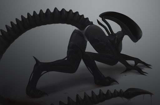 alien alien_(franchise) all_fours breasts butt claws clothed clothing exoskeleton eyeless female hi_res humanoid impracticalart looking_back not_furry panties solo underwear xenomorph // 2100x1384 // 435.5KB