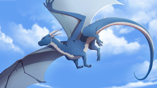 2019 blue_body blue_skin claws day detailed_background digital_media_(artwork) dragon feral flying lunalei membrane_(anatomy) membranous_wings outside scalie sky solo spines western_dragon wings // 1200x672 // 528.8KB