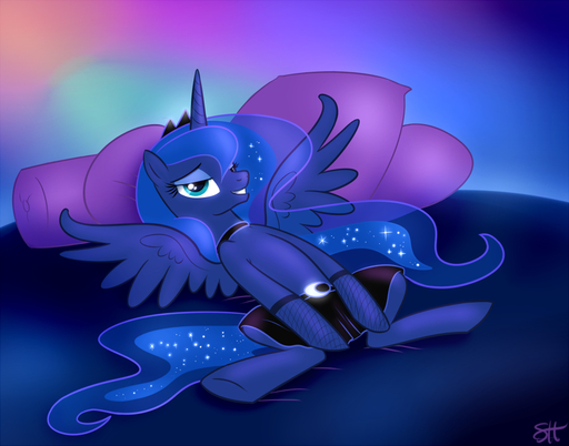 blue_body blue_feathers blue_hair bottomwear clothing collar cushion equid equine feathered_wings feathers female feral hair horn horse legwear long_hair looking_at_viewer lying mammal on_back princess_luna_(mlp) skirt smile solo sorc stockings winged_unicorn wings // 864x678 // 435.3KB