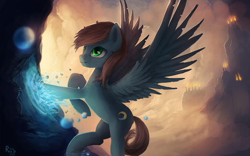 16:10 blue_body blue_feathers brown_hair day digital_media_(artwork) digital_painting_(artwork) equid equine fan_character feathered_wings feathers female feral flying green_eyes hair hasbro hi_res hooves horse mammal my_little_pony nude outside pegasus photonoko smile solo widescreen wings // 1920x1200 // 857.6KB