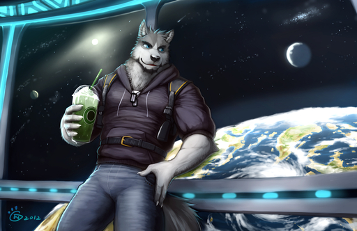 2012 anthro backpack beverage black_nose blue_eyes canid canine canis claws clothed clothing dog_tags facial_hair fur grey_body grey_fur leaning logan_(disambiguation) male mammal null-ghost pose smile smoothie solo space sweater topwear wolf // 1232x800 // 472.7KB
