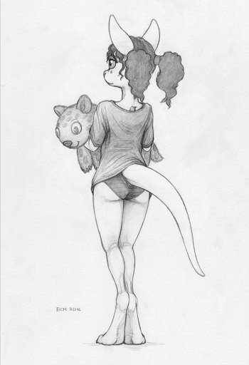 2016 anthro biped cailey claws clothed clothing cub digitigrade ecmajor eyelashes female fur greyscale hair hi_res holding_object kangaroo macropod mammal marsupial monochrome panties plushie ponytail rear_view shirt simple_background sketch solo standing teenager toe_claws topwear underwear white_background young // 1160x1695 // 1.5MB