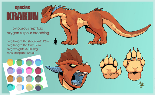2017 5_toes anthro brown_body brown_scales carnivore color_swatch digital_media_(artwork) dragon english_text feet feral krakun male model_sheet nude open_mouth paws quadruped rick_griffin scales scalie solo species_sheet text toes // 1437x885 // 748.0KB