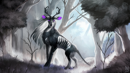16:9 2019 ambiguous_gender antlers artbyzephra cervid day detailed_background digital_media_(artwork) feral forest grass horn mammal outside plant purple_eyes solo tree widescreen zephra // 1280x720 // 1.3MB