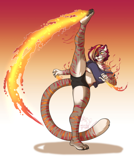 anthro breasts clothed clothing fangs felid female fire fur hair hi_res kittydee looking_at_viewer magic mammal solo standing under_boob // 1088x1280 // 635KB