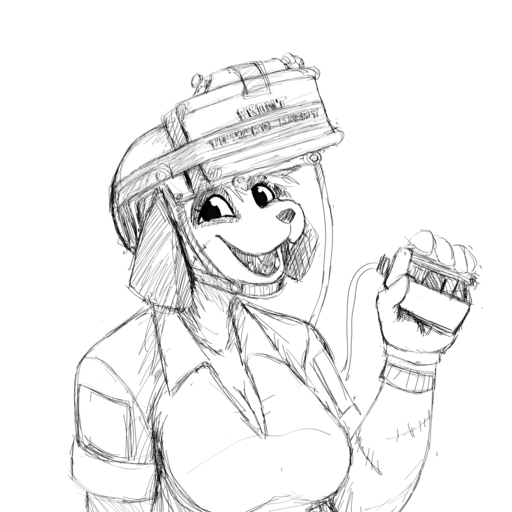 1:1 2020 anthro armor bomb breasts canid canine canis claymore cleavage clothed clothing detonator doing_it_wrong domestic_dog explosives female happy headgear helmet hi_res hladilnik imminent_suicide mammal monochrome open_mouth open_smile samantha_thott scar sketch smile solo suicide_bomber // 1280x1280 // 285.2KB