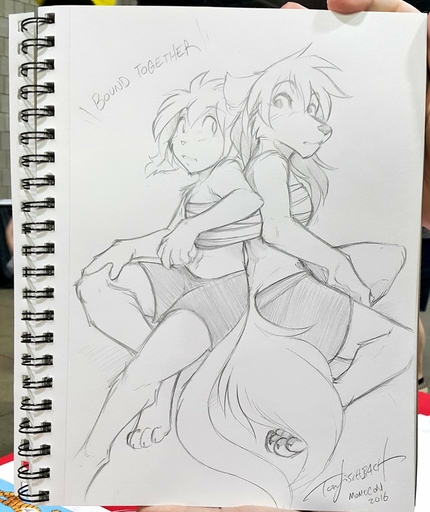 2016 anthro back_to_back basitin bottomwear canid canine claws clothed clothing conditional_dnp duo female frown fur hair keidran keith_keiser looking_back mammal midriff monochrome natani shorts sketch toe_claws tom_fischbach traditional_media_(artwork) twokinds webcomic webcomic_character // 860x1024 // 138.6KB
