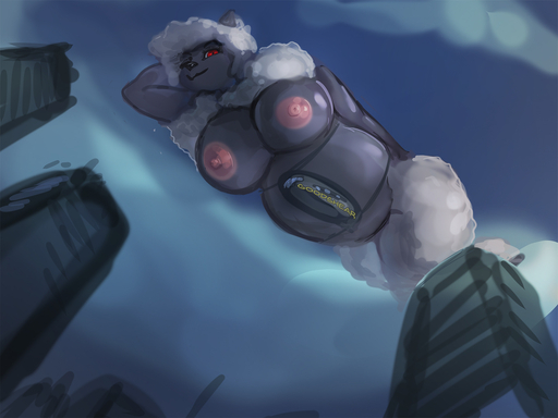 2021 aircraft airship anthro big_breasts bovid breasts caprine cloud day digital_media_(artwork) english_text female floating fur general-irrelevant looking_at_viewer low-angle_view macro mammal outside red_eyes sheep smile solo text white_body white_fur white_wool wool_(fur) // 1440x1080 // 374.7KB
