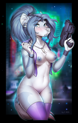 anthro areola bare_chest blue_areola blue_eyes blue_hair blue_markings blue_nipples blurred_background bracelet breasts chest_tuft city cityscape clothed clothing digital_media_(artwork) ear_piercing f-r95 featureless_crotch female flesh_tunnel fur gauged_ear gun hair holding_gun holding_object holding_weapon hyaenid inner_ear_fluff jewelry legwear looking_aside mammal markings medium_breasts mostly_nude navel necklace night nipples outside piercing portrait purple_clothing purple_legwear purple_thigh_highs purple_topwear ranged_weapon shaded solo standing teeth thigh_highs three-quarter_portrait tied_hair topwear translucent translucent_clothing translucent_topwear tuft vest weapon white_body white_fur white_nose // 698x1100 // 981.4KB
