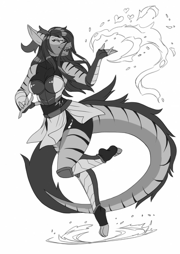 <3 alanscampos anthro breasts clothed clothing dragon female fingerless_gloves fur furred_dragon gloves hair handwear hi_res magic monochrome open_mouth solo striped_body stripes tail_tuft tuft // 905x1280 // 176KB