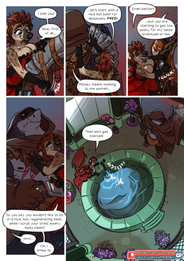 2021 anthro armor bath breasts christopher_(zummeng) cleavage clothed clothing comic dialogue duo english_text female fish hi_res hyaenid male mammal marine nora_(zummeng) shark speech_bubble spotted_hyena text water zummeng // 1131x1600 // 1.3MB