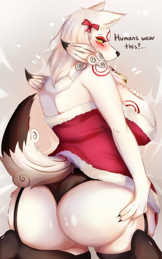 absurd_res amaterasu anthro big_breasts big_butt blush breasts butt canid canine canis clothing deity dialogue english_text female fur hi_res kyuukon looking_at_viewer looking_back mammal panties ribbons solo text underwear video_games white_body white_fur wolf yellow_eyes // 2014x3214 // 459.8KB