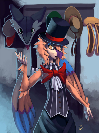 2015 anthro avian beak bow_tie clothed clothing feathered_wings feathers hat headgear headwear looking_at_viewer male mammal nevrean open_mouth plushie priley ribbons sergal solo top_hat winged_arms wings yellow_eyes zerolativity // 771x1035 // 155.7KB