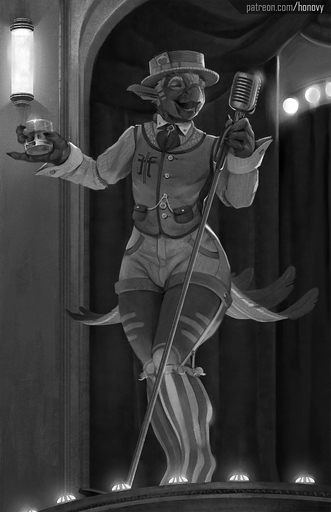 4_fingers anthro avian beak bird claws clothed clothing detailed_background digital_media_(artwork) eyes_closed feathers fingers greyscale hat headgear headwear hi_res holding_object honovy inside male microphone monochrome open_mouth singing solo stage standing text tongue url // 1034x1600 // 220.7KB