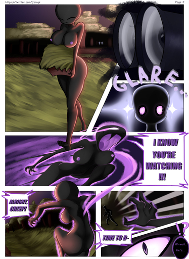 ambiguous_gender angry anthro big_breasts big_butt binoculars breasts butt comic digital_media_(artwork) duo enderman female happy jarnqk nude outside scalie shaded spying text video_games // 730x1000 // 321.4KB