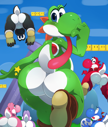 2015 absurd_res ambiguous_gender anthro big_butt black_yoshi blue_eyes blue_yoshi blush bodily_fluids butt butt_focus digital_media_(artwork) egg eyelashes featureless_crotch feet feral green_yoshi group hi_res long_tongue looking_at_viewer looking_back looking_up mario_bros nintendo one_eye_closed pink_yoshi purple_yoshi rear_view red_yoshi scalie shoe_soles slightly_chubby smile soles sssonic2 sweat tongue video_games wide_hips wink yoshi // 2069x2422 // 2.3MB