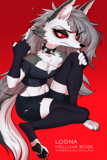 anthro canid canine canis clothing collar demon female fur gesture helluva_boss hi_res johnfoxart loona_(vivzmind) mammal pawpads piercing slim solo toeless_legwear wolf // 806x1200 // 173KB