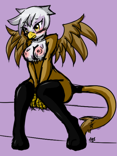 3:4 anthro anthrofied avante92 avian beak biped blush breasts brown_body brown_feathers clothing digital_media_(artwork) feathered_wings feathers female gilda_(mlp) gryphon legwear mythological_avian nipples non-mammal_breasts purple_body purple_feathers shaded sitting solo stockings talons white_body white_feathers wings yellow_eyes // 480x640 // 165.9KB