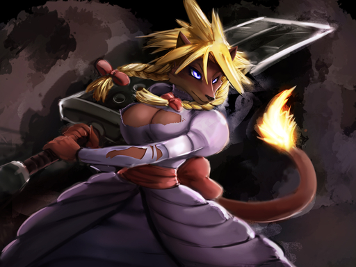 alternate_species anthro blonde_hair blue_eyes braided_hair breasts brown_body brown_fur canid clothing cloud_strife crossgender digital_media_(artwork) dress female fur general-irrelevant hair holding_object holding_sword holding_weapon implied_transformation mammal melee_weapon mtf_crossgender solo sword torn_clothing video_games weapon // 1440x1080 // 638.9KB