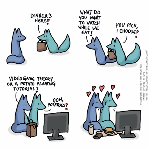 1:1 <3 ? blue_body blue_fox_(foxes_in_love) blue_fur blue_tail canid canine comic dialogue duo english_text exclamation_point feral fox foxes_in_love fur green_body green_fox_(foxes_in_love) green_fur green_tail hi_res male_(lore) mammal monitor shadow simple_background text url // 1600x1600 // 219.0KB