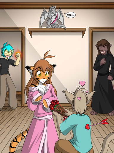 3:4 <3 angry antenna_hair anthro arrow arrowed basitin blue_eyes blue_hair bow_(weapon) brown_hair canid canine canis chest_tuft clothed clothing comic conditional_dnp cupid cupid's_arrow detailed_background domestic_cat domestic_dog dragon ear_tuft felid feline felis female fire flora_(twokinds) flower fur group hair happy heterochromia holidays horn human inside keidran keith_keiser kneeling lady_nora love male mammal micro mind_control natani off_shoulder oops orange_body orange_fur pantherine paws pink_clothing plant ranged_weapon robe romantic_ambiance rose_(flower) sad scalie tiger tom_fischbach trace_legacy tuft twokinds valentine's_day weapon webcomic webcomic_character white_body white_fur wolf yellow_eyes // 600x800 // 207.5KB