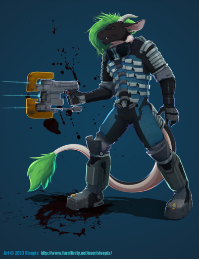 2013 anthro armor biped black_body black_skin boots clothing dead_space dragon fangs footwear fur gloves green_eyes green_hair hair handwear hi_res horn male plasma_cutter reptile scales scalie solo standing stoopix suit teeth text url video_games weapon white_body white_fur // 1000x1300 // 833.5KB