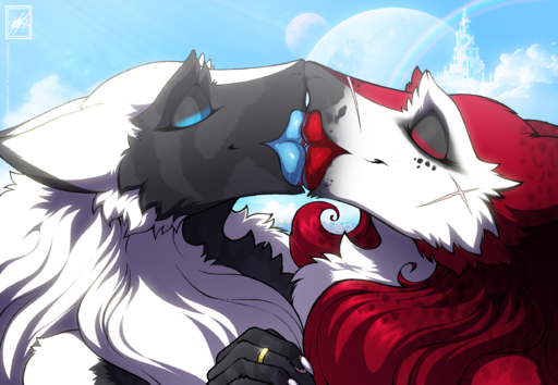 2019 absurd_res anthro black_body black_fur claws detailed_background digital_media_(artwork) duo english_text eyes_closed female femalefemale french_kissing fur hair hand_holding hi_res kissing lips mammal outside red_body red_fur ring scar sergal signature sky smile text walter_sache watermark white_body white_fur // 7368x5100 // 4.7MB