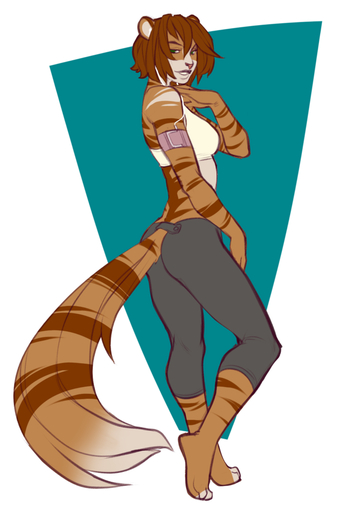 anthro armband barefoot biped bottomwear brown_body brown_fur brown_hair butt_pose clothed clothing faint feet felid female fur green_eyes hair headphones looking_aside looking_at_viewer malina_(athiesh) mammal midriff pants pose short_hair side_view smile solo standing stripes tan_body tan_fur toeless_(marking) // 675x1000 // 222.9KB