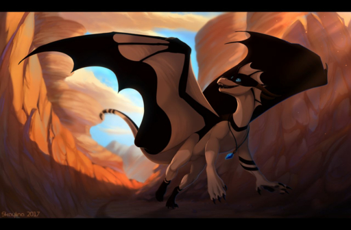 2017 black_bars blue_eyes claws day detailed_background dragon feral membrane_(anatomy) membranous_wings outside scalie skaydie smile solo standing western_dragon wings // 1280x840 // 860.3KB