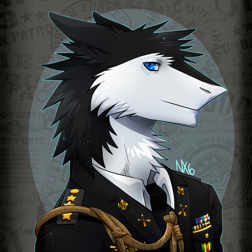 1:1 anthro black_body black_fur black_hair blue_eyes bust_portrait clothed clothing discordnight formal fur hair hi_res looking_at_viewer male multicolored_body multicolored_fur nexsix portrait sergal solo suit uniform white_body white_fur // 1211x1211 // 745.3KB
