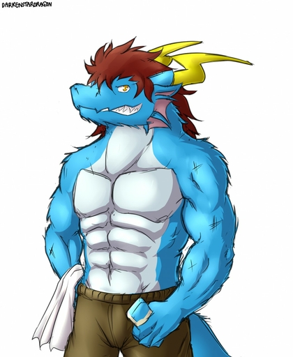 abs anthro biceps biped blue_body blue_fur bottomwear brown_hair clothed clothing darkenstardragon dragon fur furred_dragon hair hi_res holding_object horn looking_at_viewer male muscular muscular_anthro muscular_male pants pecs reptile scalie shirt simple_background smile solo standing teeth topless topwear white_background white_body white_fur yellow_eyes zero_(darkenstardragon) // 1049x1280 // 175.1KB