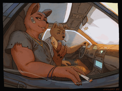 2022 4_fingers animated anthro biped brown_body brown_fur canid canine canis car cellphone chelodoy cigarette digital_media_(artwork) domestic_dog driving duo fingers fur jewelry male mammal necklace phone smartphone steering_wheel ursid vehicle yellow_body yellow_fur // 1200x896 // 5.2MB
