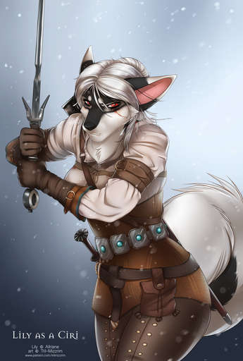 5_fingers anthro armor black_body black_fur black_nose canid canine ciri clothed clothing cosplay day english_text eyelashes female fingers fur gloves hair handwear hi_res holding_object holding_sword holding_weapon looking_at_viewer mammal melee_weapon outside red_eyes snow snowing solo sword text the_witcher tril-mizzrim weapon white_hair wide_hips // 862x1280 // 956.4KB