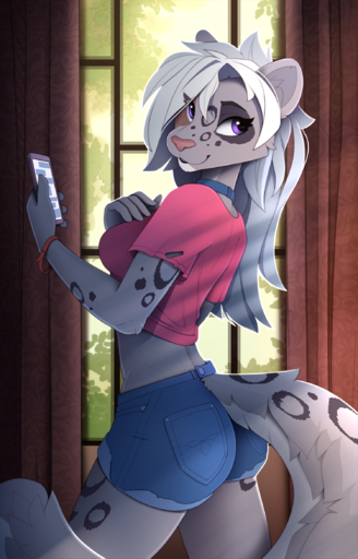 2020 anthro bottomwear breasts butt_pose cellphone clothing collar crepuscular_rays felid female freckles_(nukepone) furgonomics hi_res inside mammal midriff pantherine phone pose shirt shorts smartphone snow_leopard solo topwear torn_clothing yakovlev-vad // 1500x2338 // 4.8MB