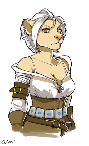 2015 anthro breasts ciri cleavage clothed clothing felid female fur furlana hair hi_res lion mammal off_shoulder pantherine simple_background solo the_witcher white_background // 856x1405 // 118.6KB