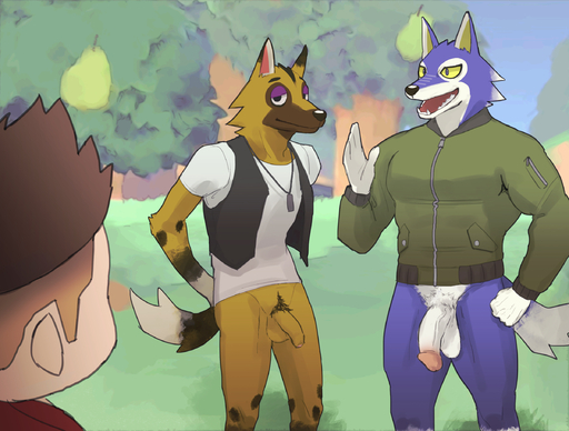 2020 anthro balls bottomless canid canine canis casual_exposure circumcised clothed clothing dog_tags flaccid food foreskin fruit genitals group hand_behind_back hi_res human humanoid_genitalia humanoid_penis jacket k0bit0wani kyle_(animal_crossing) lobo_(animal_crossing) male mammal neckwear open_mouth outside pear penis plant pubes shirt standing topwear tree vest video_games villager_(animal_crossing) wolf // 2400x1818 // 2.0MB