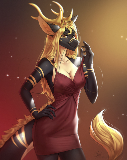 2019 5_fingers anthro antlers breasts cleavage clothed clothing digital_media_(artwork) dragon dress eyebrows eyelashes female fingers hi_res horn off_shoulder shandian simple_background solo standing wingless_dragon yasmil // 1000x1256 // 1.6MB